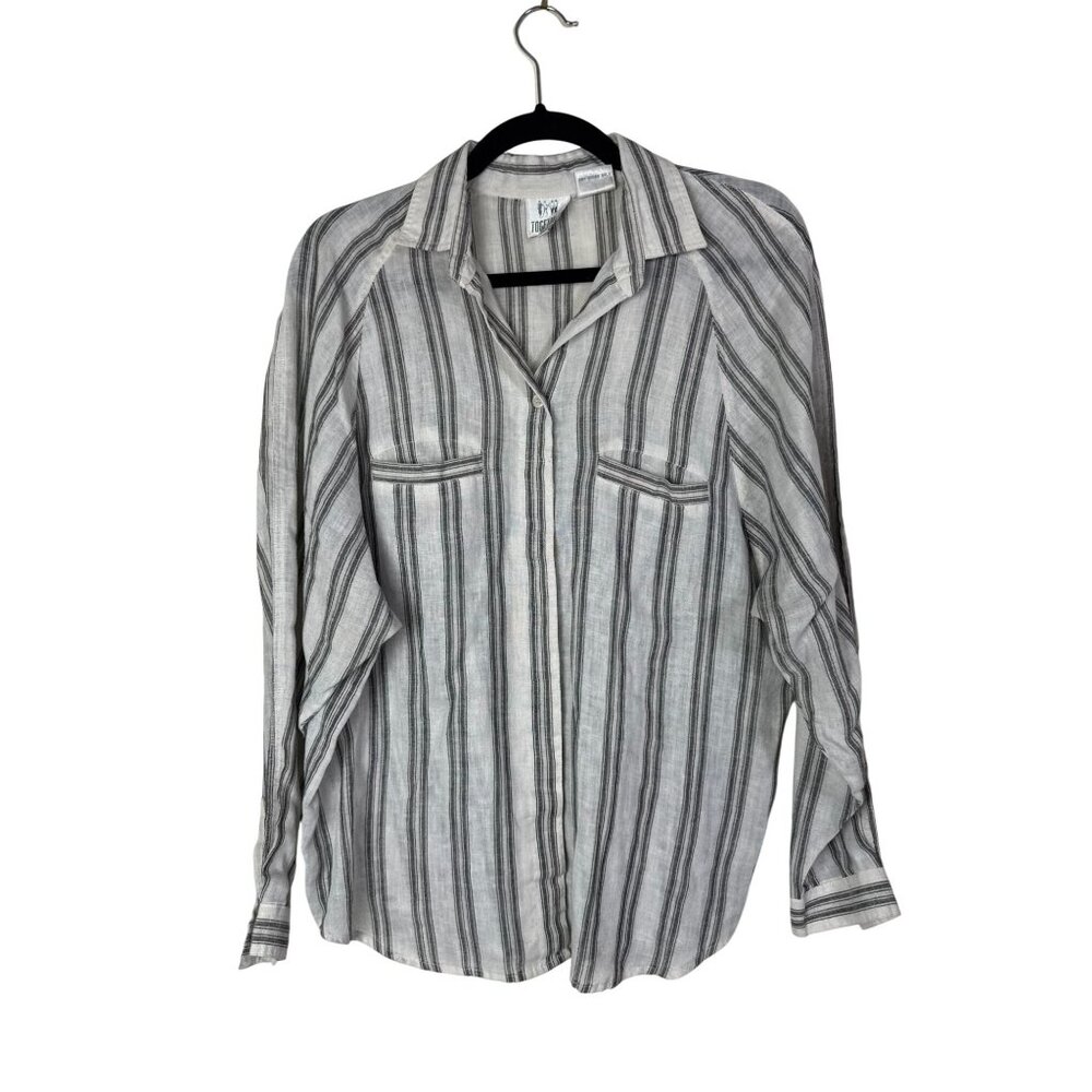 Vintage Together Striped Linen Button Down Shirt Top Size Medium Long Sleeve